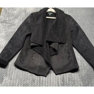 Lauren Ralph Lauren Faux Suede Sherpa Jacket Women's M Black Open Front Coat